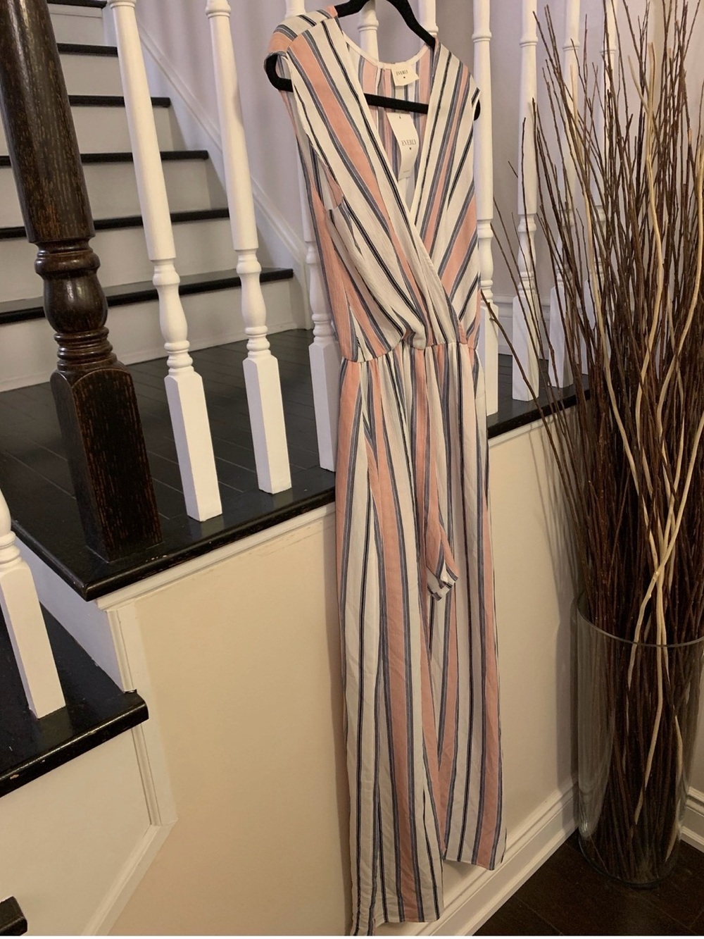 Striped Sleeveless Romper with Long Dress Back in Blush & Navy